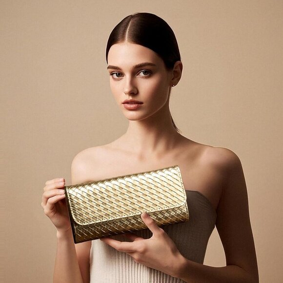 Timeless Woven Texture Gold Clutch – Perfect for Weddings & Cocktail Events - Picture 5 of 8